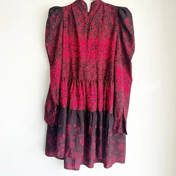 Topshop Size 2 Tiered Hem Long Puff Sleeve Shift Mini Dress Floral Red Black NEW - Picture 11 of 11